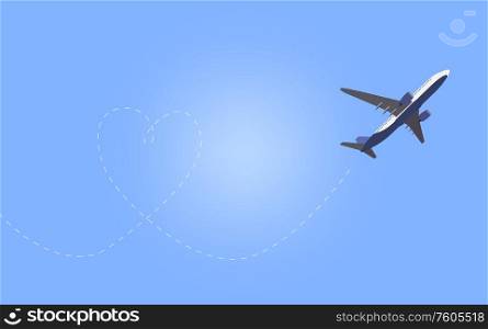 Airplane flying in the sky. Train in the form of heart. Vector illustration. EPS10. Naturalistic view of an airplane flying in the sky above planet Earth. Vector Illustration.