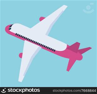 Airplane flying vehicle element of medical insurance. Traveling aeroplane with big wings and windows for passengers. Colorful modern plane aero transport for transportation isolated on blue vector. Plane Aero Transportation Symbol with Wings Vector