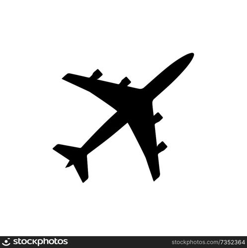 Airplane icon black silhouette, departure of plane, modern mean of transport with high speed, rapid aircraft vector illustration isolated on white. Airplane Icon Black Silhouette Vector Illustration