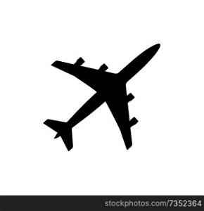Airplane icon black silhouette, departure of plane, modern mean of transport with high speed, rapid aircraft vector illustration isolated on white. Airplane Icon Black Silhouette Vector Illustration