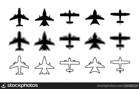 Airplane icon. Plane silhouette. Outline aircraft for travel, transport, cargo and military. Symbol for airplain. Simple white and black graphic aeroplane. Shapes of jet flight. Art for air. Vector.