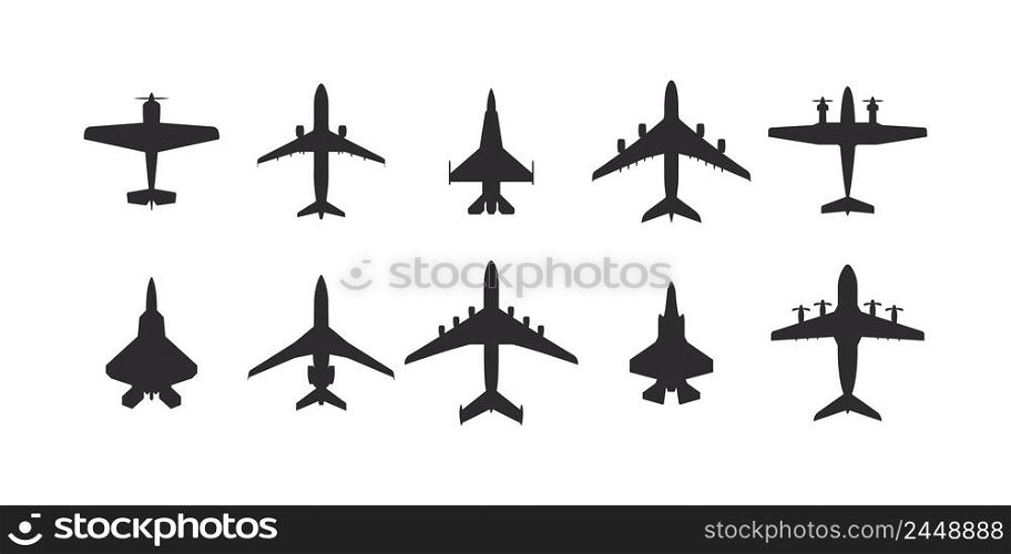 Airplane icon set. Aircrafts icons flat style. Airplanes silhouettes top view. Vector icons