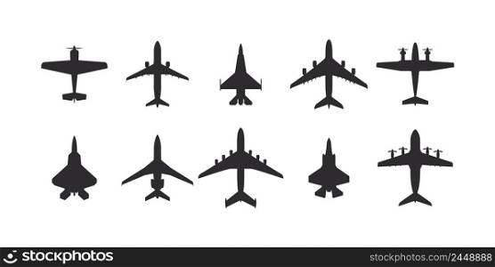 Airplane icon set. Aircrafts icons flat style. Airplanes silhouettes top view. Vector icons