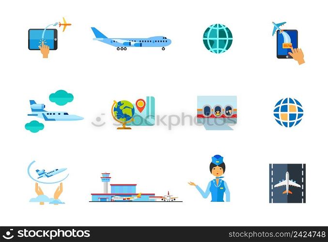 Airplane icon set. Buying Tickets Online Big Plane Globe Jet Plane Globe and Map Passengers in Airplane Flight Insurance Airport Terminal Stewardess
