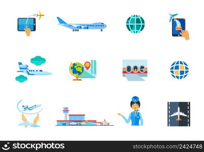 Airplane icon set. Buying Tickets Online Big Plane Globe Jet Plane Globe and Map Passengers in Airplane Flight Insurance Airport Terminal Stewardess