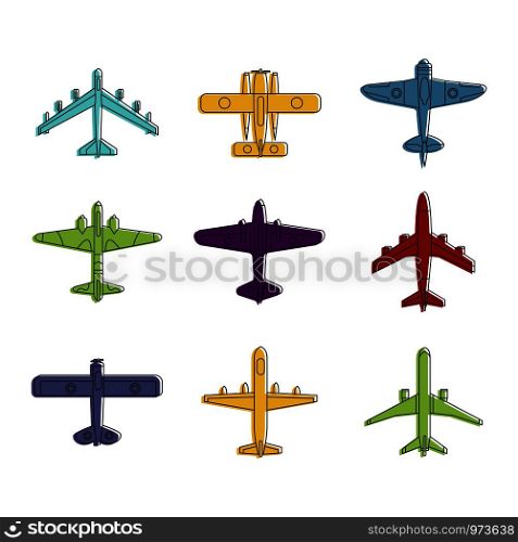 Airplane icon set. Color outline set of airplane vector icons for web design isolated on white background. Airplane icon set, color outline style