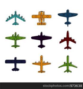 Airplane icon set. Color outline set of airplane vector icons for web design isolated on white background. Airplane icon set, color outline style