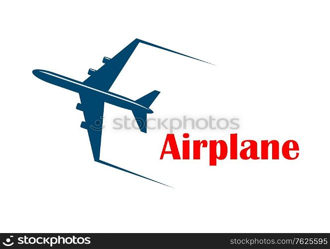 Airplane icon with a speeding jetliner or passenger plane with motion trails and the word - Airplane - in red below, silhouette on white. Airplane icon