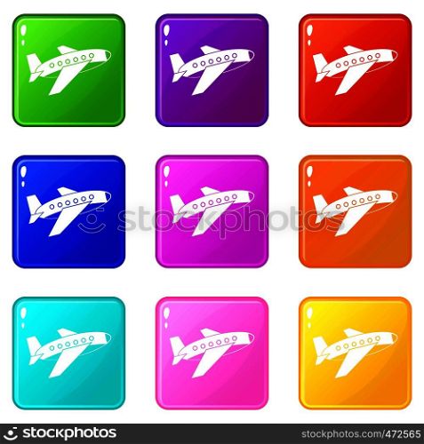 Airplane icons of 9 color set isolated vector illustration. Airplane icons 9 set