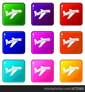 Airplane icons of 9 color set isolated vector illustration. Airplane icons 9 set