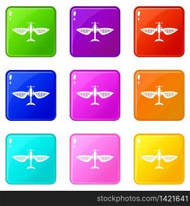 Airplane icons set 9 color collection isolated on white for any design. Airplane icons set 9 color collection