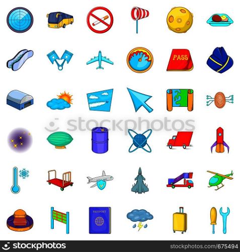 Airplane icons set. Cartoon style of 36 airplane vector icons for web isolated on white background. Airplane icons set, cartoon style