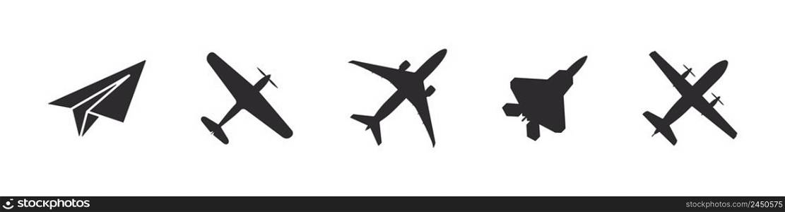 Airplane icons set. Icons of different types of planes. Airplane silhouette. Flight transport symbol. Vector image