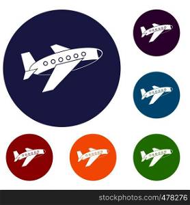 Airplane icons set in flat circle red, blue and green color for web. Airplane icons set