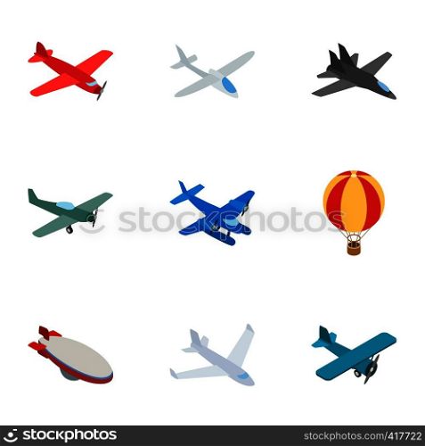 Airplane icons set. Isometric 3d illustration of 9 airplane vector icons for web. Airplane icons, isometric 3d style