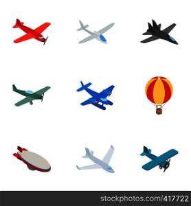 Airplane icons set. Isometric 3d illustration of 9 airplane vector icons for web. Airplane icons, isometric 3d style