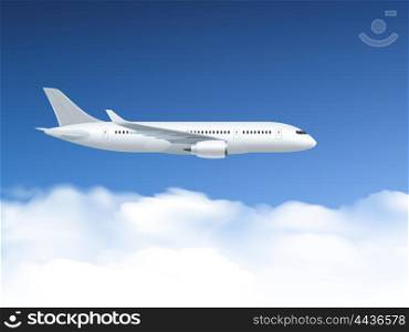 Airplane In Air Poster. Airplane poster which flies at altitudes on a background of blue sky and clouds vector illustration