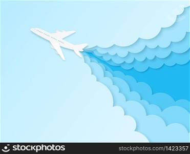 Airplane in blue sky. Flight plane in origami style, aviation tourism. Summer travelling paper cut vector transportation with wings concept. Airplane in blue sky. Flight plane in origami style, aviation tourism. Summer travelling paper cut vector transportation concept