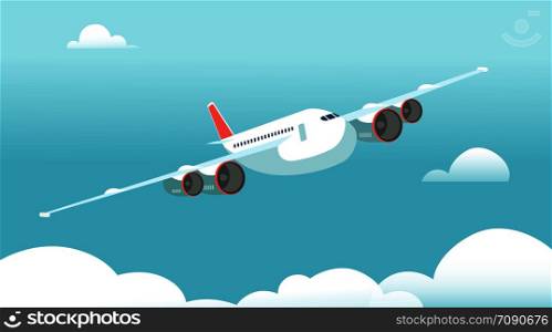 Airplane in flight with white clouds and blue sky background. Vector illustration. Air plane and aircraft, travel journey. Airplane in flight with white clouds and blue sky background. Vector illustration