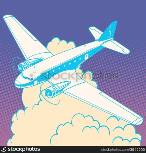 Airplane in the clouds vintage retro travel flights pop art style. Machine and aircraft construction. Travel and tourism business industry. Airplane in the clouds vintage retro travel flights