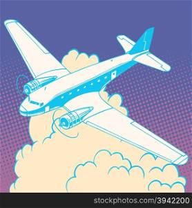 Airplane in the clouds vintage retro travel flights pop art style. Machine and aircraft construction. Travel and tourism business industry. Airplane in the clouds vintage retro travel flights