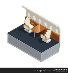 Airplane Interior Isometric Composition. Colored airplane interior isometric composition with furniture and amenities inside the salon vector illustration