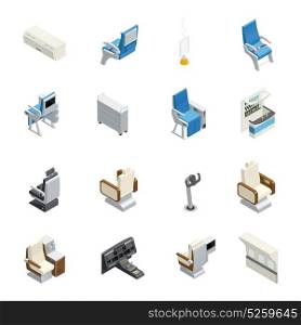 Airplane Interior Isometric Icon Set. Isolated airplane interior isometric icon set with elements seats and equipment on the board vector illustration