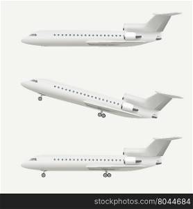 Airplane isolated on white. Realistic vector illustration of airplane taking off and flying plane.