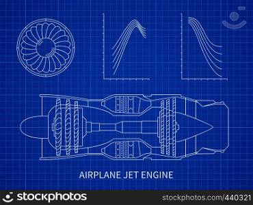 Airplane jet engine with turbine vector blueprint design. Illustration of air engine and turbine plan drawing blueprint. Airplane jet engine with turbine vector blueprint design