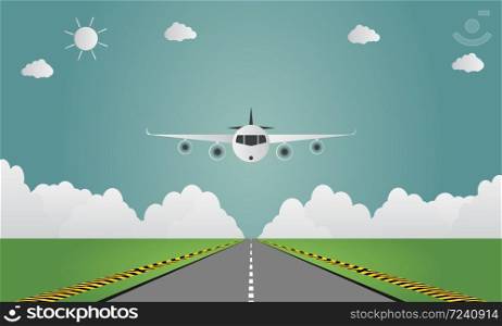 Airplane lands on airport on runway a plane landing or taking off.vector illustration