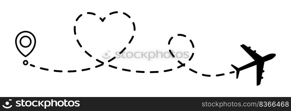 Airplane line dotted path in heart shape. Plane flight route with start point and dotted line trace. Travel and tourism concept. Vector illustration isolated on white background.. Airplane line dotted path in heart shape.