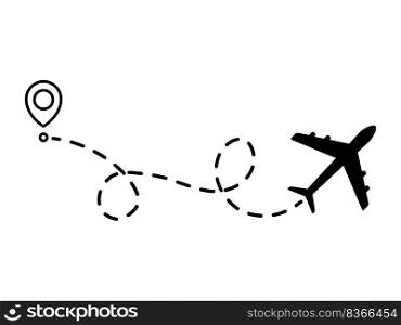 Airplane line dotted path. Plane flight route with start point and dotted line trace. Travel and tourism concept. Vector illustration isolated on white background.. Airplane line dotted path.