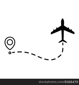 Airplane line dotted path. Plane flight route with start point and dotted line trace. Travel and tourism concept. Vector illustration isolated on white background.. Airplane line dotted path.