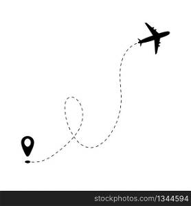 Airplane line path and start point on white background. Dash line trace of trip. Air travel and aircraft tracking. Visual flight route. Airport symbol or aviation. Infografic itinerary in sky. Vector. Airplane line path and start point on white background. Dash line trace of trip. Air travel with aircraft tracking. Visual flight route. Airport symbol or aviation. Infografic itinerary in sky. Vector