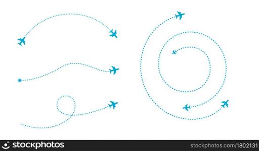 Airplane line path icon. Air plane flight route. Start and finish points and dash line trace. Flat vector illustration isolated on white background.. Airplane line path icon. Air plane flight route. Flat vector illustration isolated on white