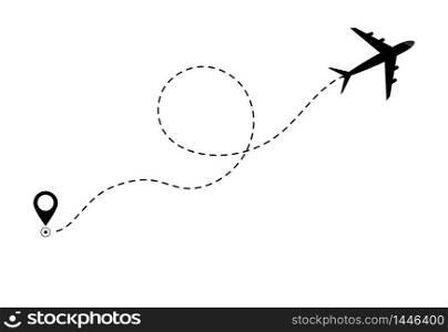 Airplane line path icon of air plane flight route. Airplane travel concept, symbol on isolated background. Flat black airplane flying and leave a black dashed trace line. vector eps10. Airplane line path icon of air plane flight route. Airplane travel concept, symbol on isolated background. Flat black airplane flying and leave a black dashed trace line. vector