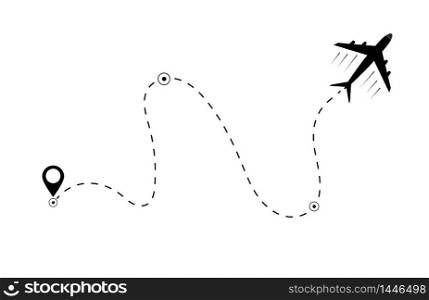 Airplane line path icon of air plane flight route. Airplane travel concept, symbol on isolated background. Flat black airplane flying and leave a black dashed trace line. vector eps10. Airplane line path icon of air plane flight route. Airplane travel concept, symbol on isolated background. Flat black airplane flying and leave a black dashed trace line. vector