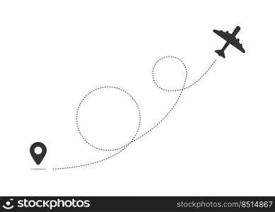 Airplane line path vector icon of air plane flight route with start point and dash line trace.. Airplane line path vector icon of air plane flight route with start point and dash line trace