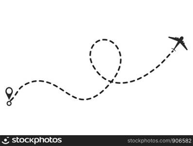 Airplane line path vector icon of air plane flight route with start point and dash line trace, vector illustration