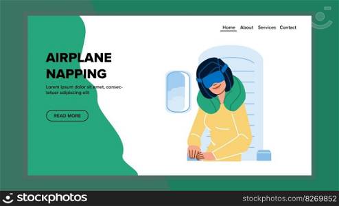airplane napping woman vector. flight travel, passenger seat, window air, inside neck, relax business airplane napping woman web flat cartoon illustration. airplane napping woman vector