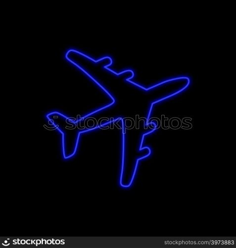 Airplane neon sign. Bright glowing symbol on a black background. Neon style icon.