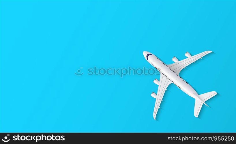 Airplane on blue background with copy space for text, travel background, vector illustration
