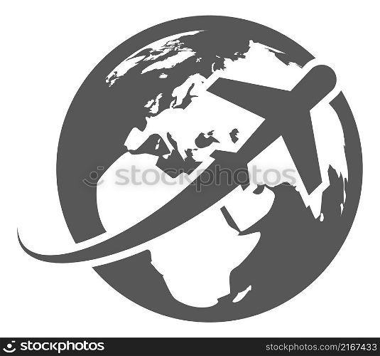 Airplane on globe symbol. Worldwide travel flight icon isolated on white background. Airplane on globe symbol. Worldwide travel flight icon