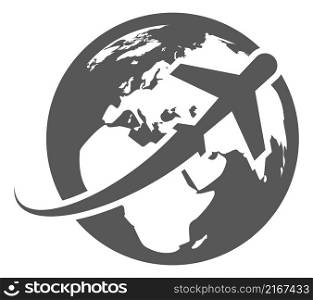 Airplane on globe symbol. Worldwide travel flight icon isolated on white background. Airplane on globe symbol. Worldwide travel flight icon