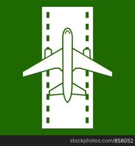 Airplane on the runway icon white isolated on green background. Vector illustration. Airplane on the runway icon green