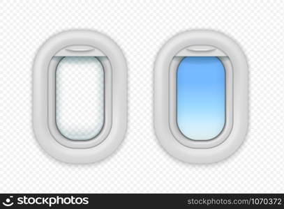 Airplane open windows. Realistic view from aircraft porthole with curtain. Vector isolated realistic open aircraft illuminator on transparent background. Airplane open windows. Realistic aircraft porthole. Vector isolated realistic aircraft illuminator