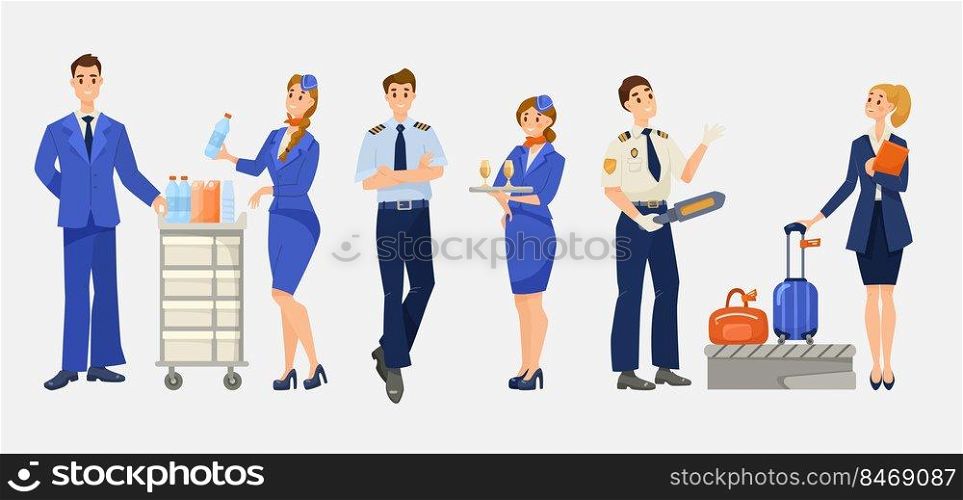Airplane or airline staff cartoon illustration set. Stewardess, steward, pilot, male and female flight attendant in uniform, passenger going through airport security.  Aviation, aircraft crew concept