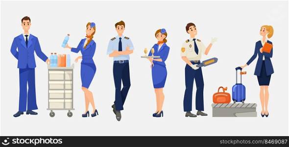 Airplane or airline staff cartoon illustration set. Stewardess, steward, pilot, male and female flight attendant in uniform, passenger going through airport security.  Aviation, aircraft crew concept