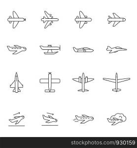 Airplane outline icons. Airline passenger aircraft symbols travelling vector monoline pictures isolated. Aircraft and airplane transportation, passenger outline transport illustration. Airplane outline icons. Airline passenger aircraft symbols travelling vector monoline pictures isolated