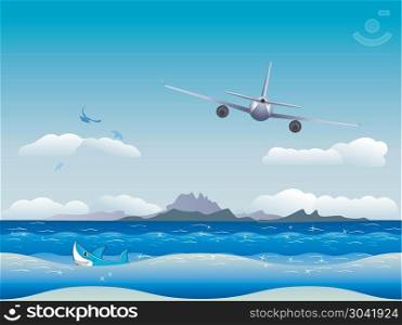 Airplane over Sea. Big airplane fly in the sky over seascape background.